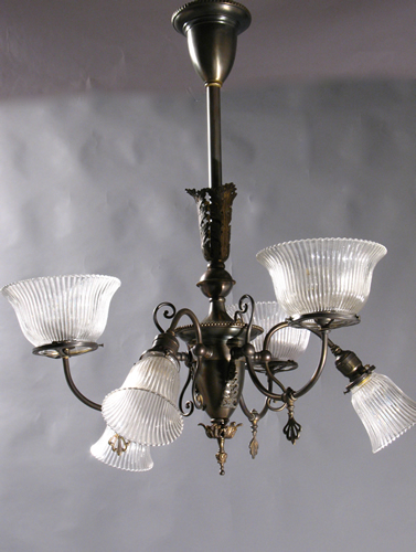 3 & 3 Gas and Electric Chandelier with Curly Cast Arm Backs